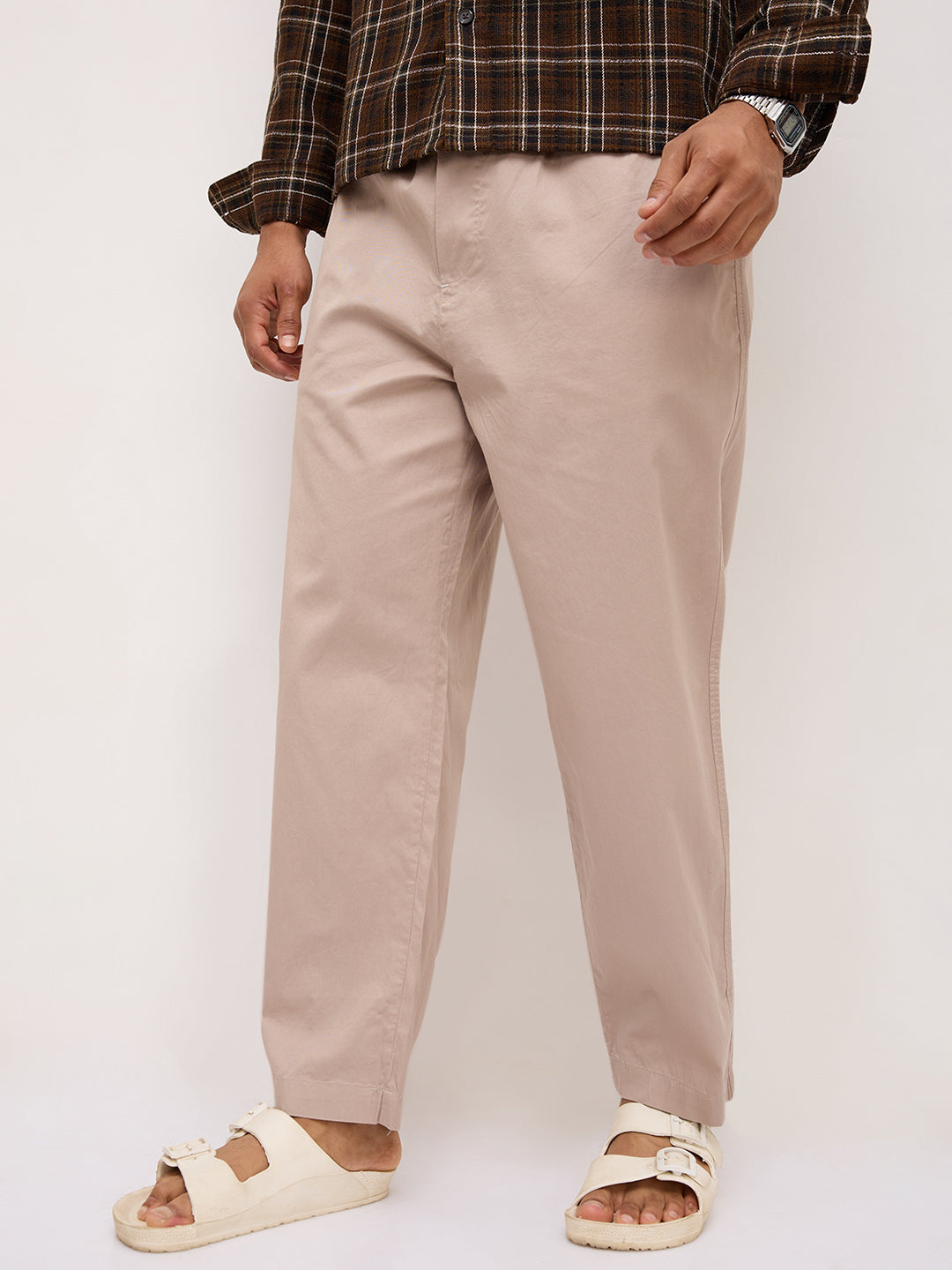 Solid Sand Beige Tapered Trousers