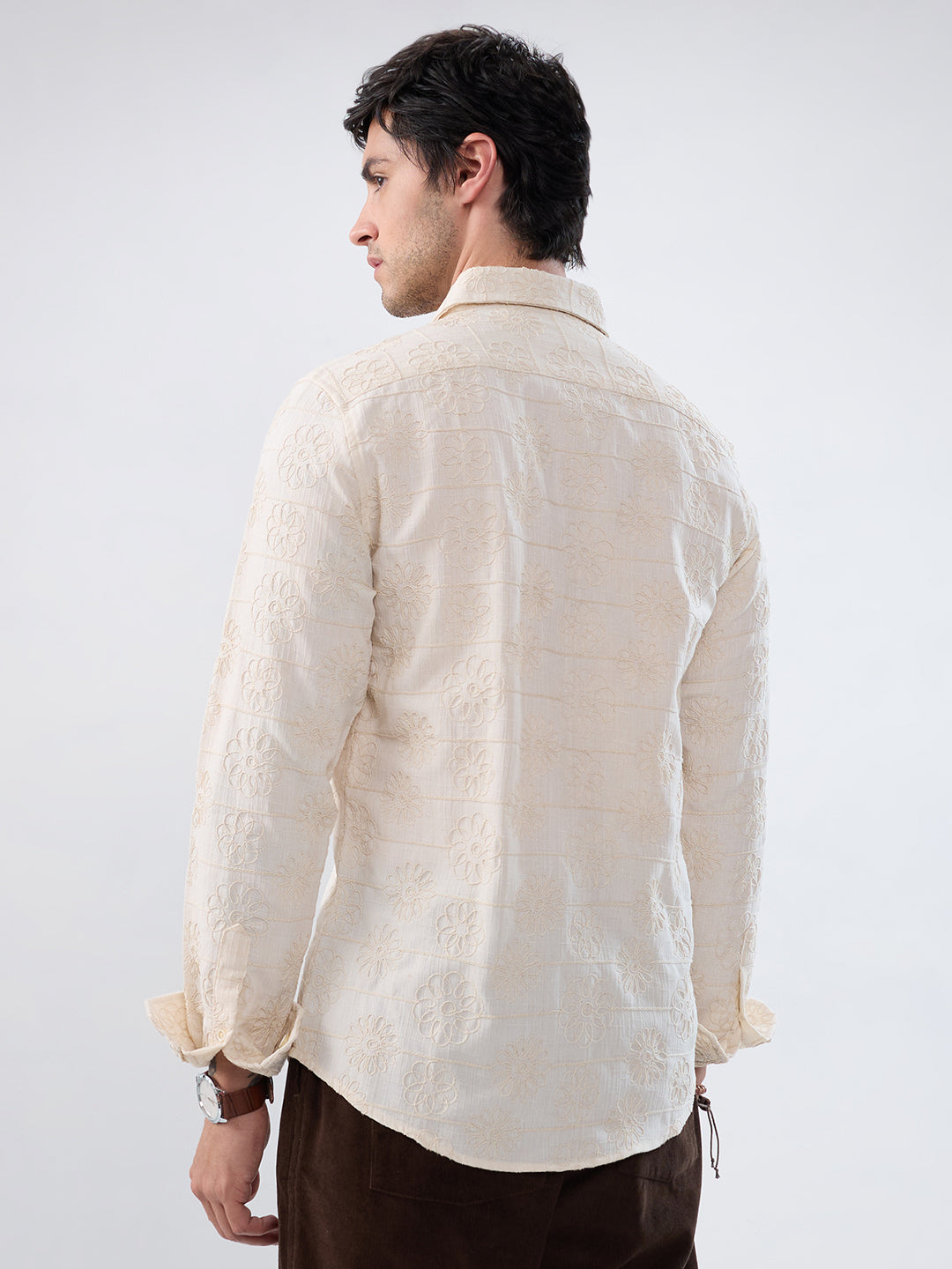 Serene Whispering Bloom Beige Embroidered Shirt