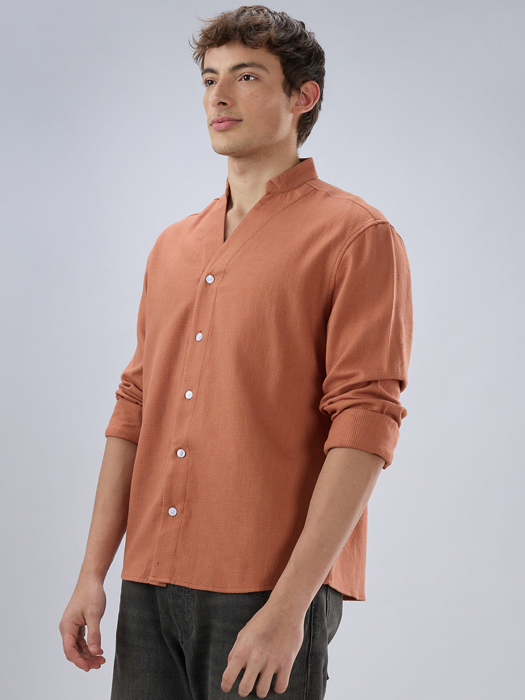 Soft Cider Orange Diagonal Textured Stand Collar Oversized Shirt