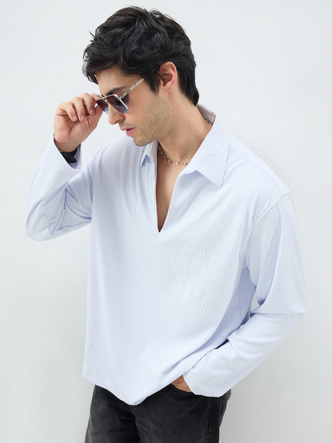 Soft Blue Precision Rib Striped Oversized Polo Knitted Shirt