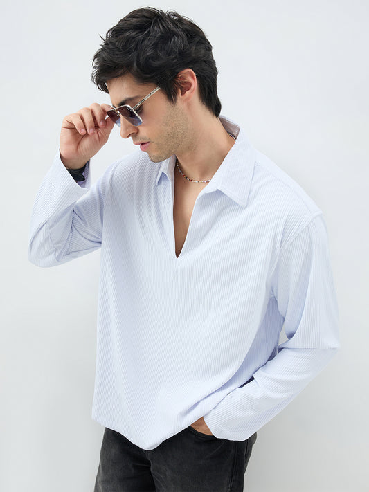 Soft Blue Precision Rib Striped Oversized Polo Knitted Shirt