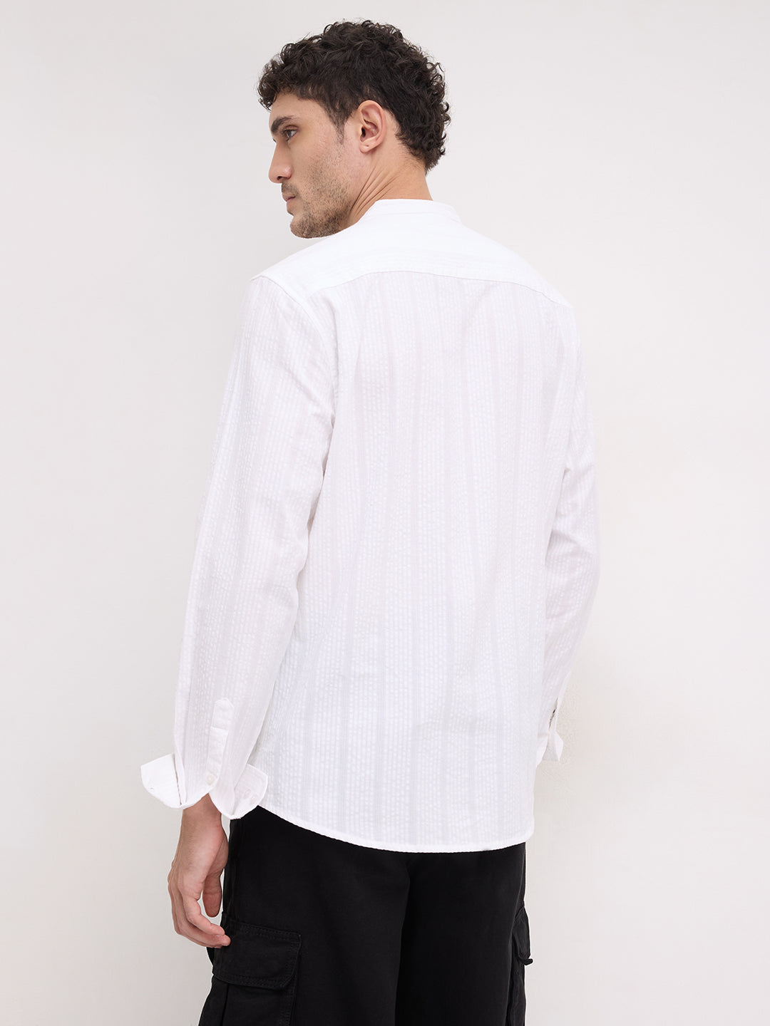 Timeless White Seersucker Mandarin Shirt