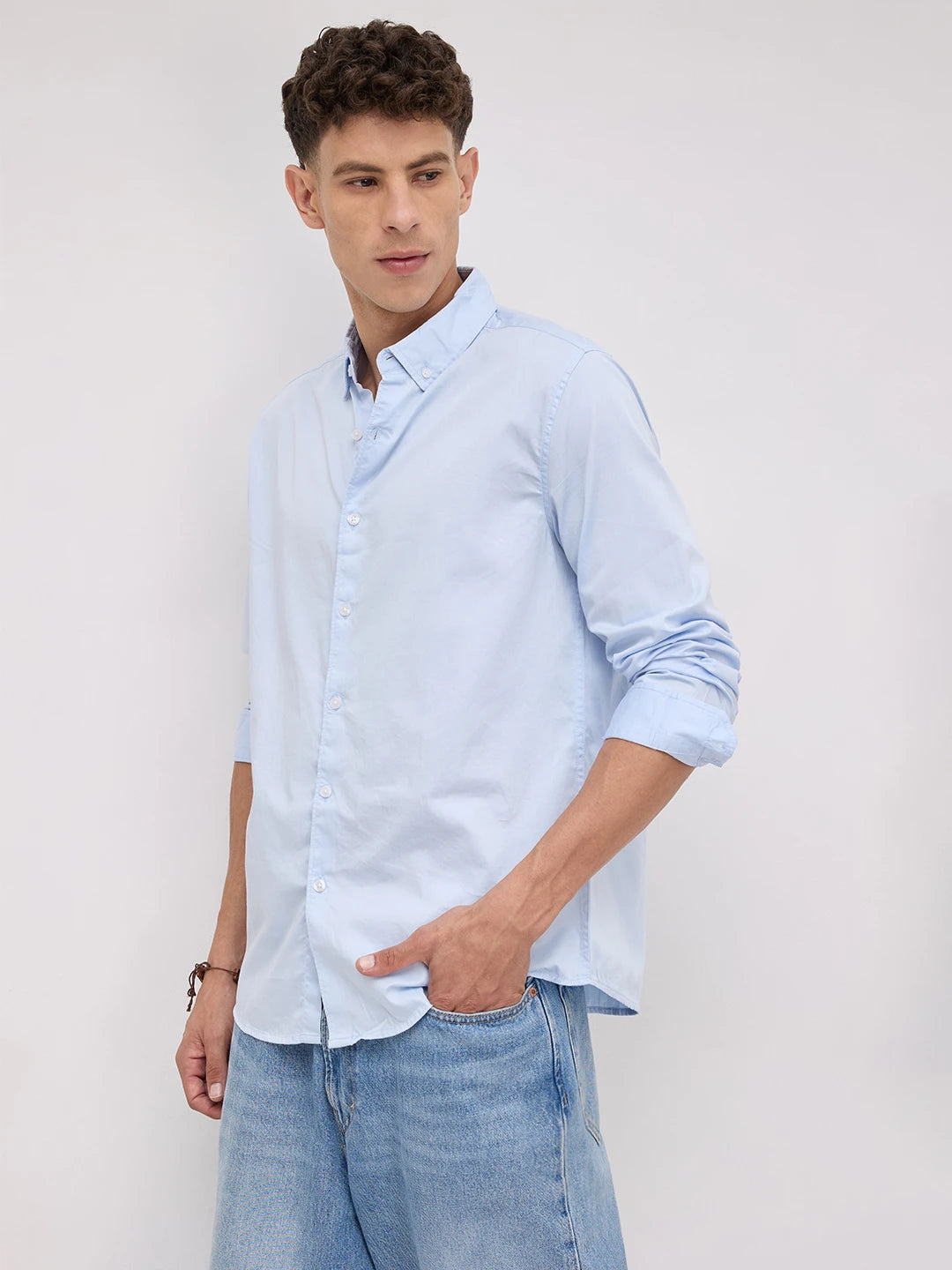 Bluemist Button-Down Collar Satin Shirt