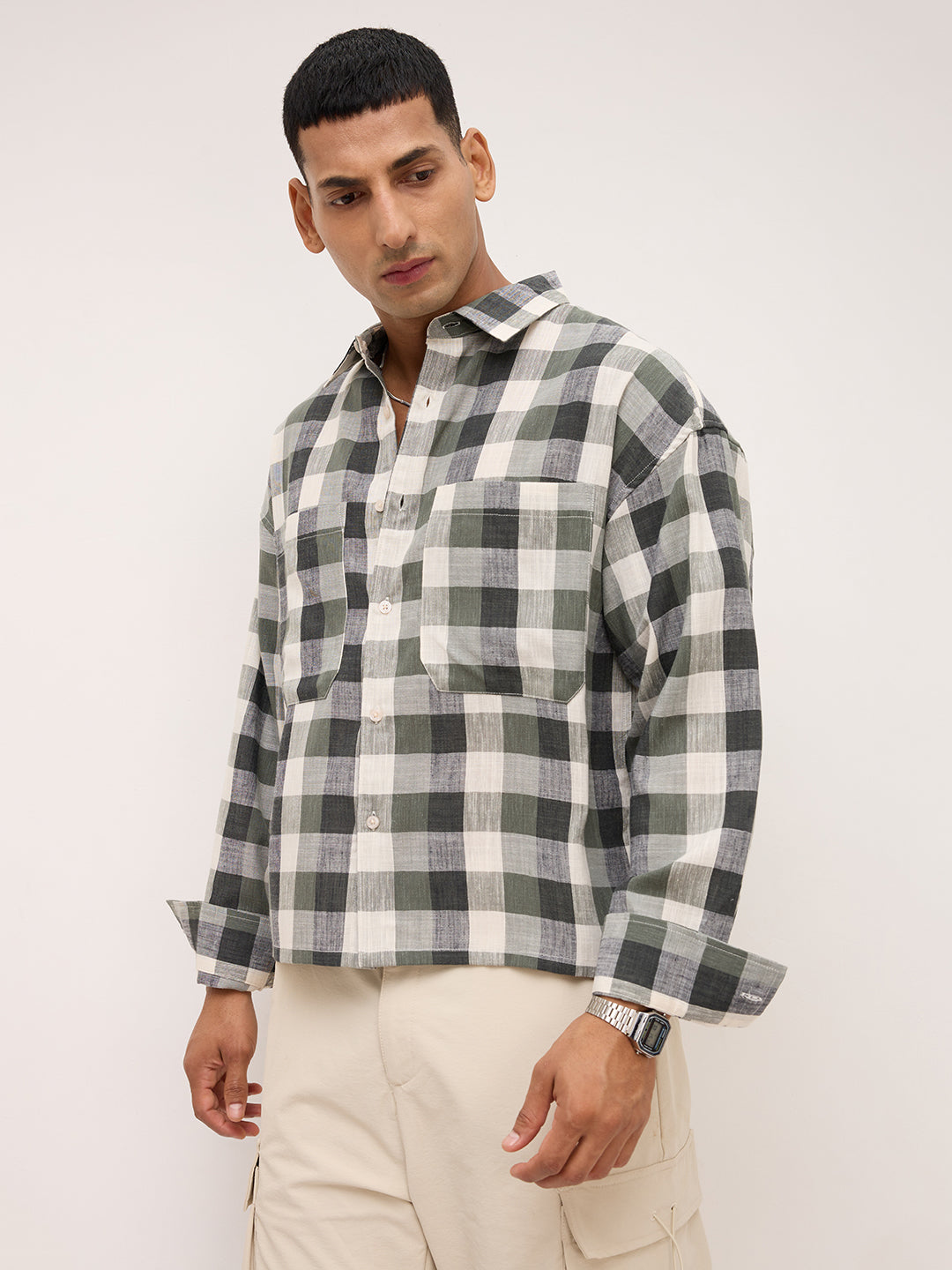 Distinguished Olive Block Checks Twin Pocket Boxy Fit Crop Shirt