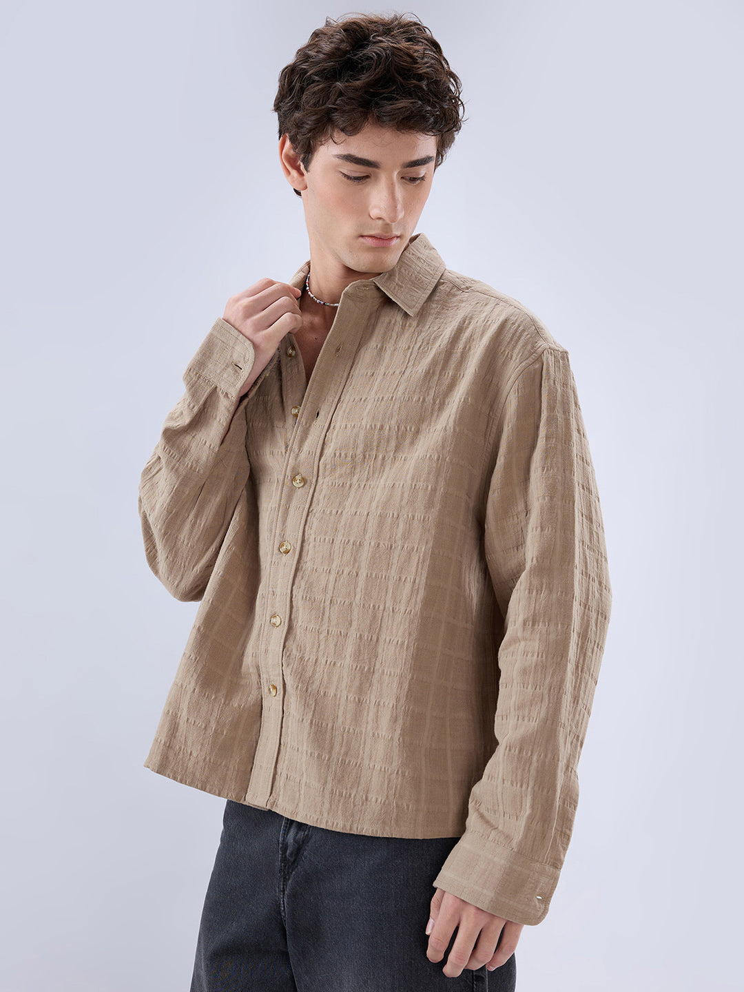 Khaki Grid Textured Story Boxy Fit Crop Shirt