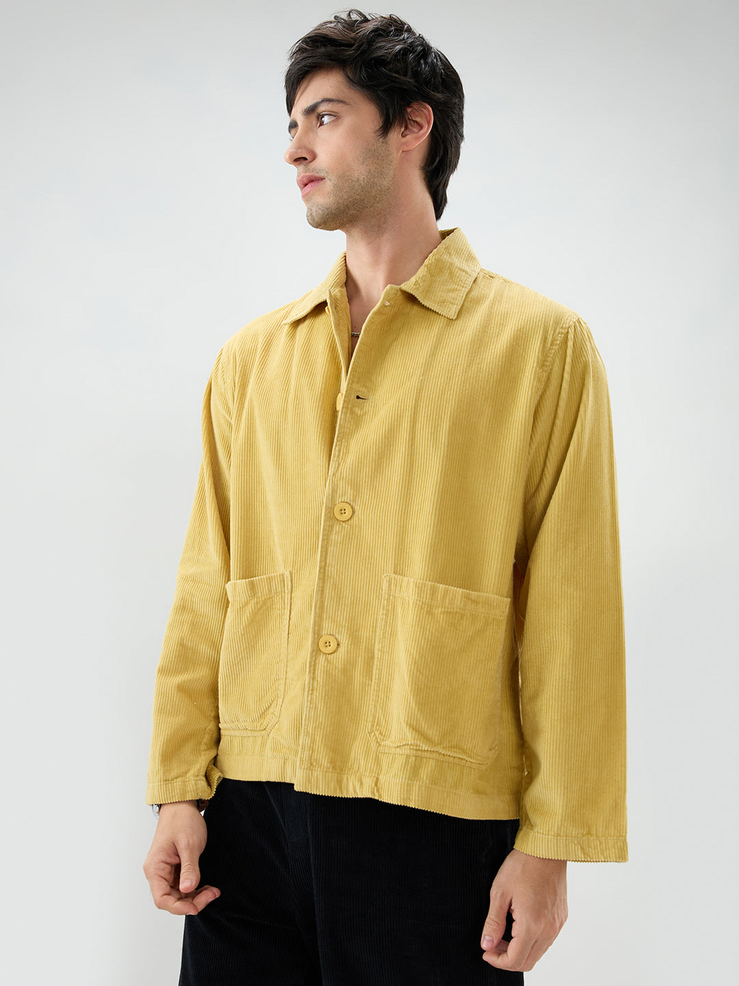 Sunmelt Mustard Corduroy Oversized Double Pocket Crop Shacket