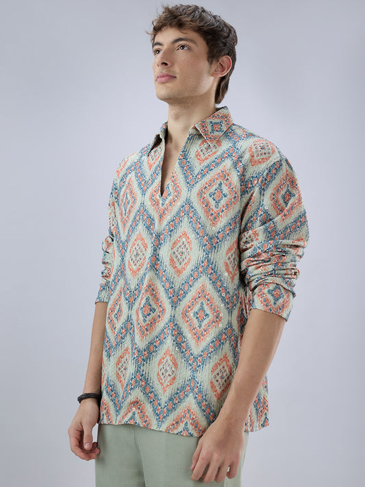 Jashn Aura Blue Sequin Embroidered Polo Neck Oversized Shirt