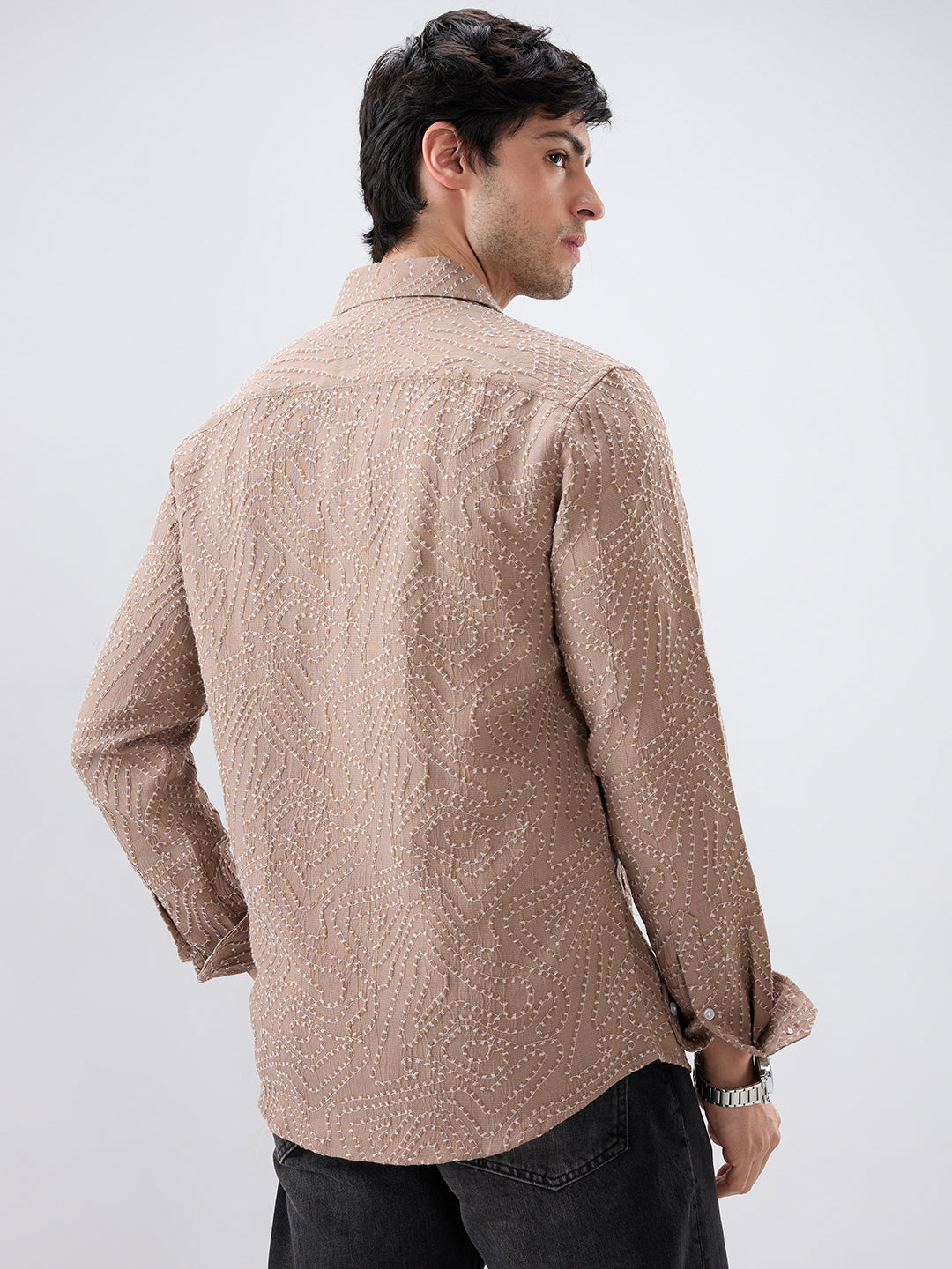 Intricate Dessert Brown Thread Flow Raised Stitch Shirt