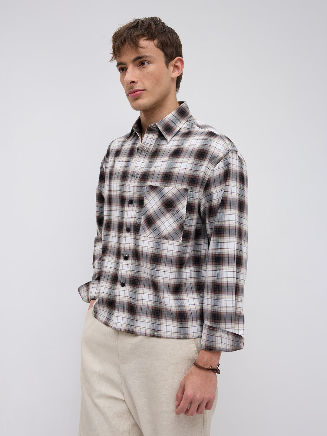 Brown & Ivory Crosshatch Checks Boxy Fit Crop Shirt