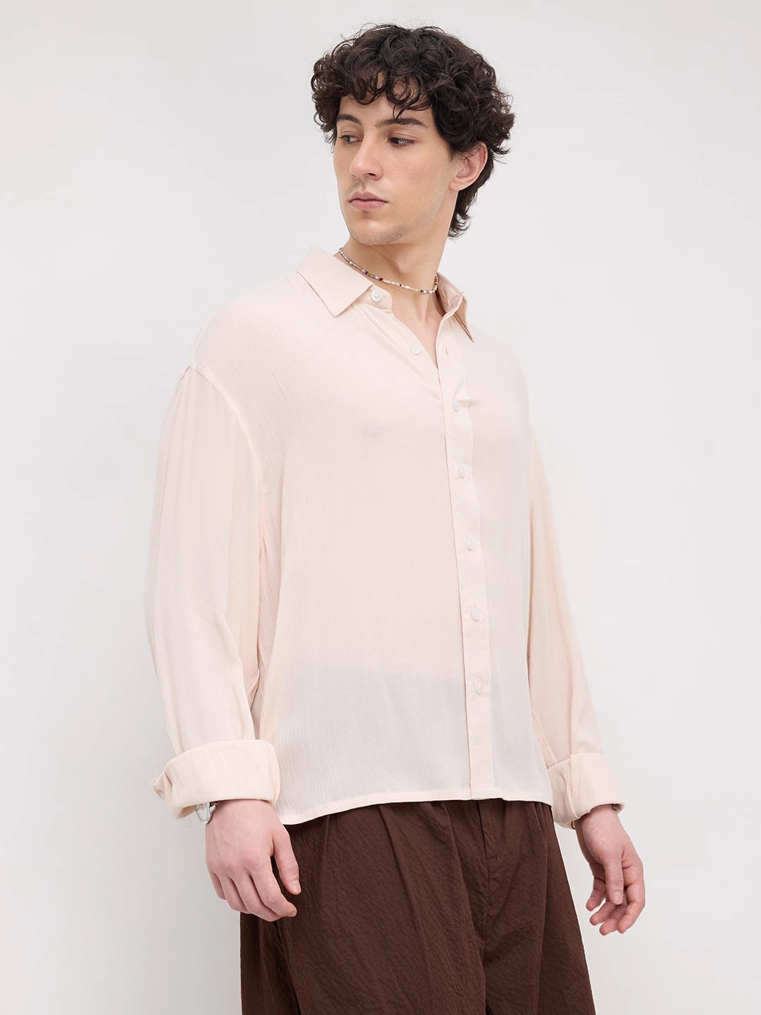 Soft Pastel Beige Crepe Textured Boxy Fit Shirt