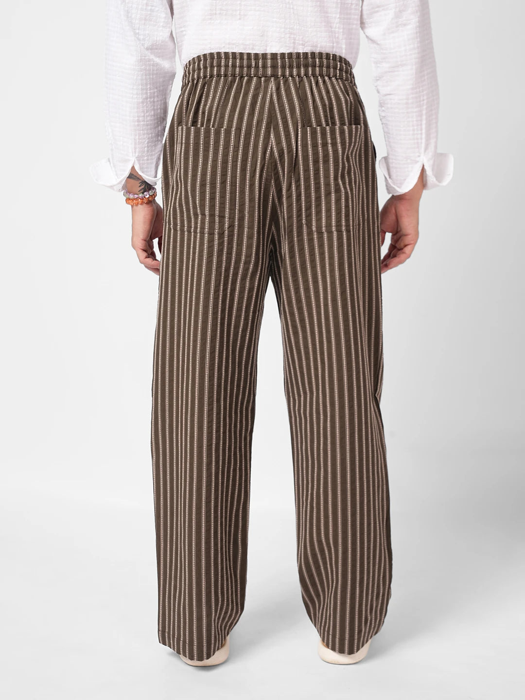 Olive Artisan Fine Embroidered Seersucker Striped Straight Fit Trousers