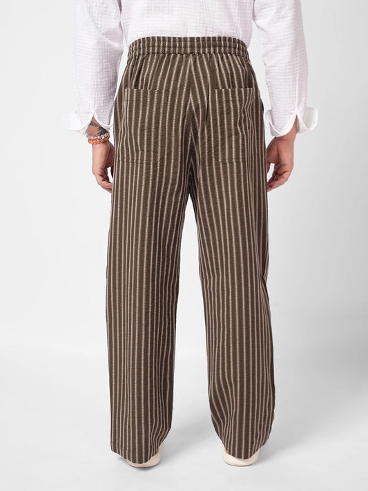 Olive Artisan Fine Embroidered Seersucker Striped Straight Fit Trousers