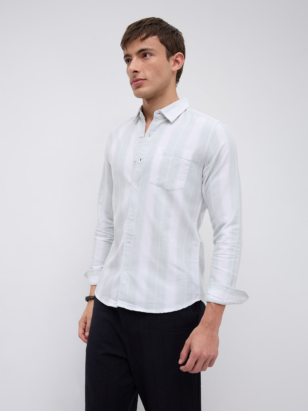 Sage Mist Textured Vertical Striped Resort Shirt
