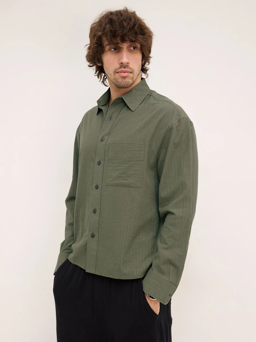 Olive Fine Striped Textured Boxy Fit Crop Shirt