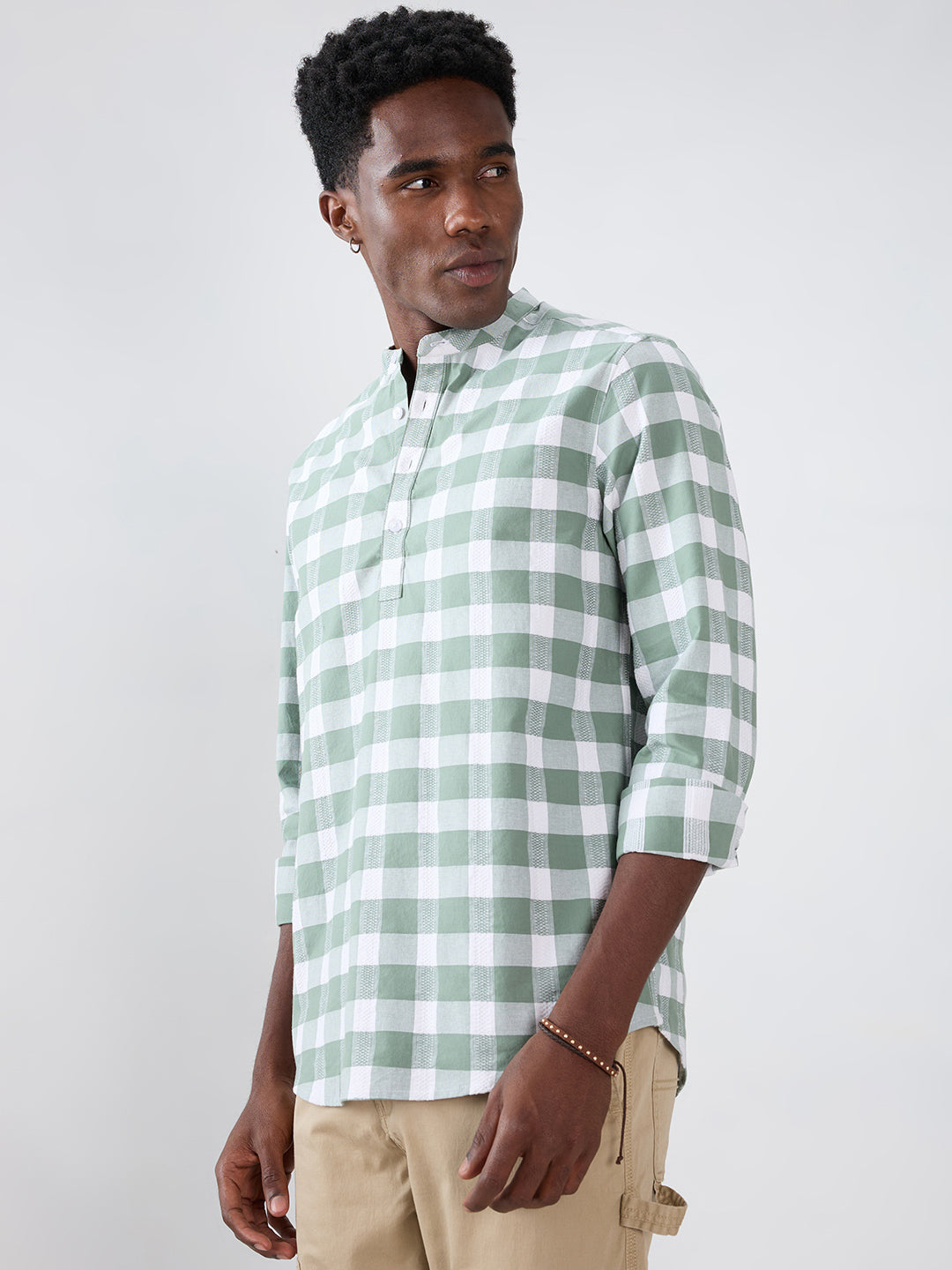 Premium Dusty Seafoam Green Textured Checks Kurta
