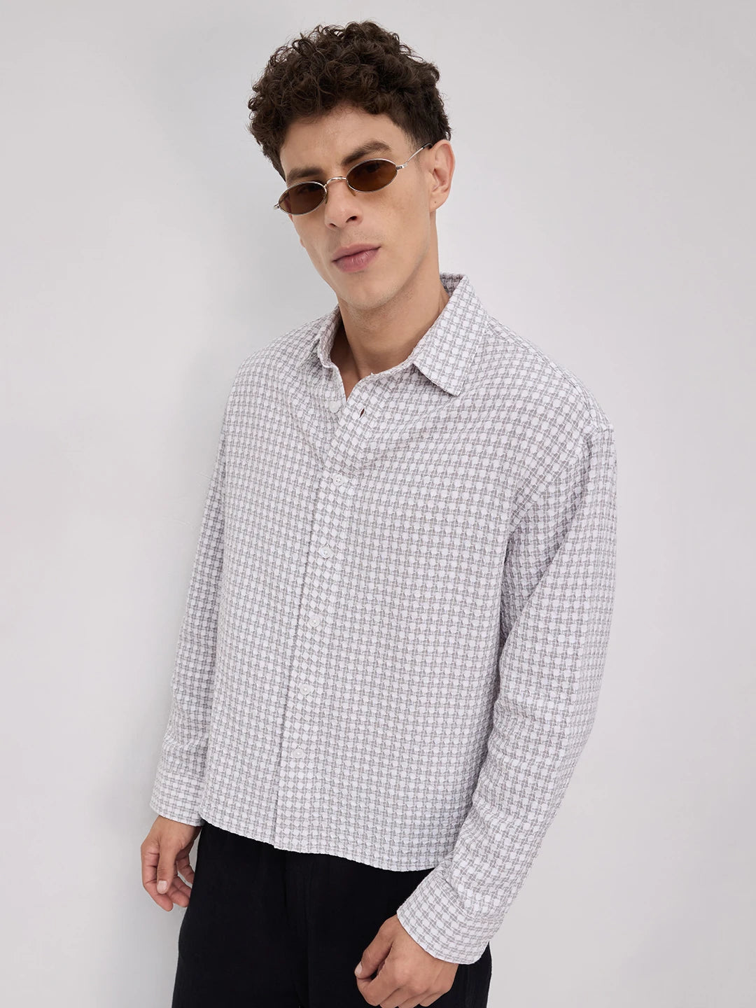 Glacier Grey Mosaic Textured Boxy Fit Crop Shirt