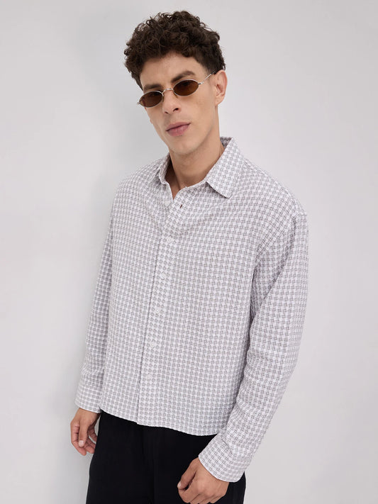 Glacier Grey Mosaic Textured Boxy Fit Crop Shirt