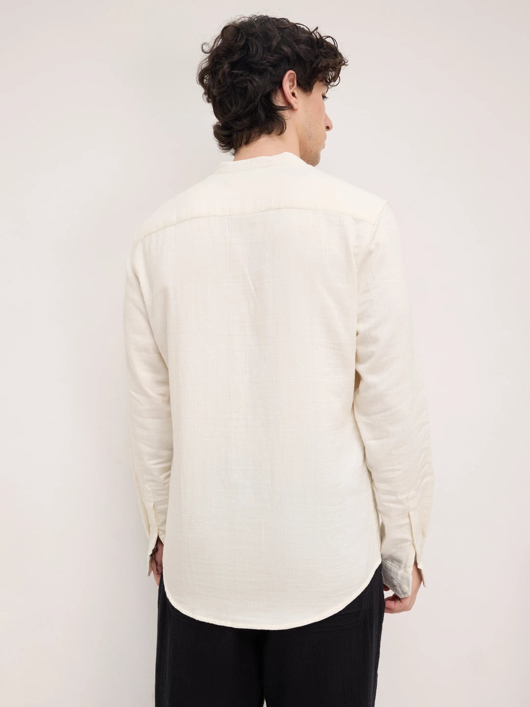 Off White Herringbone Textured Mandarin Shirt