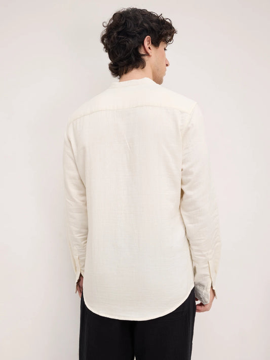 Off White Herringbone Textured Mandarin Shirt