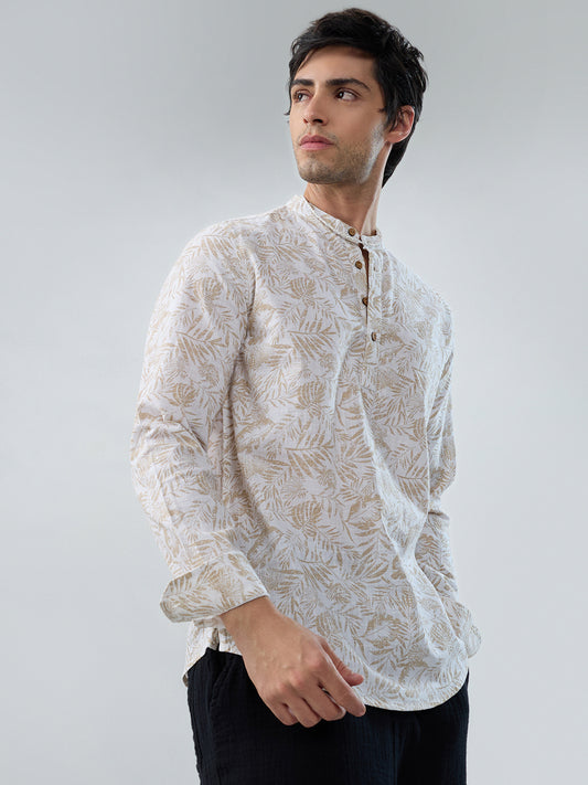 Classic Beige Leaf Printed Kurta