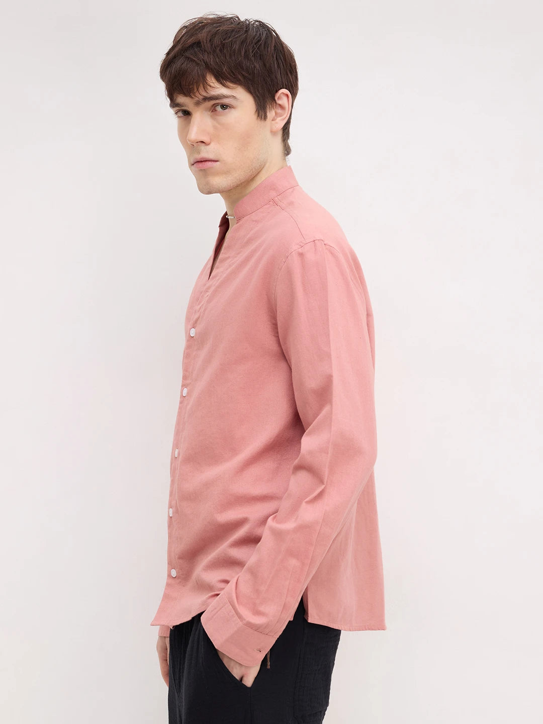Luxe Coral Linen Blend Stand Collar Oversized Shirt