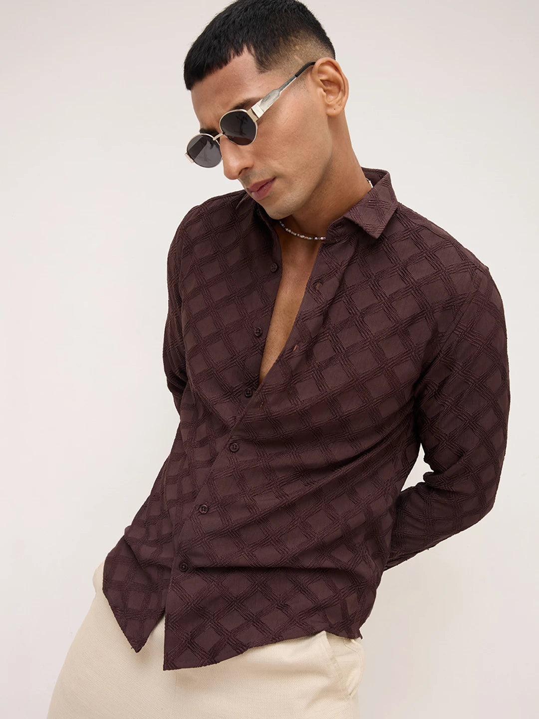 Cocoa Brown Diamond Textured Shirt