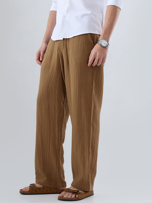 Classic Caramel Brown Double Cloth Straight-Fit Trousers