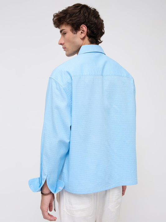 Baby Blue Textured Fine Grid Weave Boxy Fit Crop Shirt