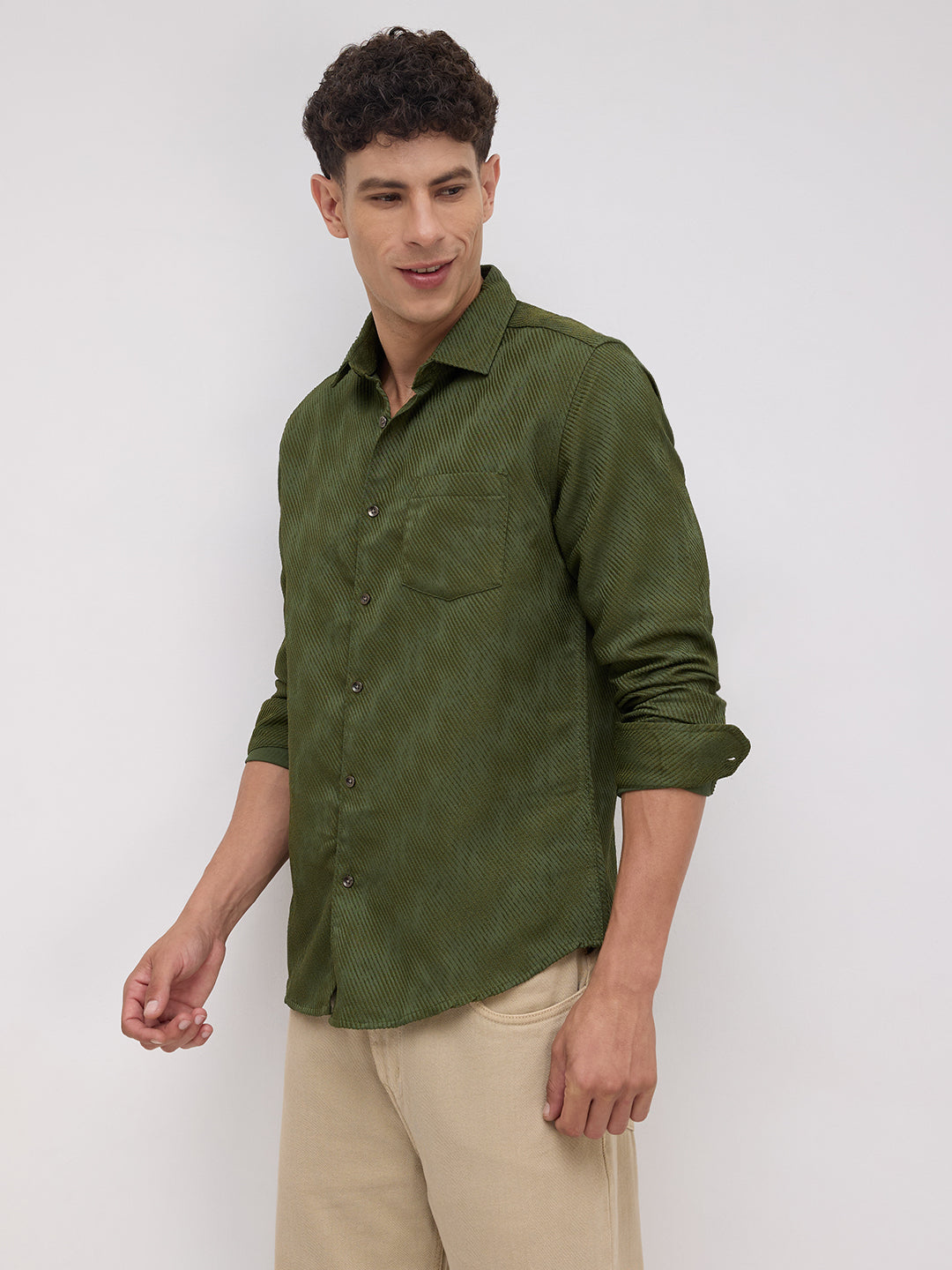 Olive Asymmetric Stripe Textured Shirt