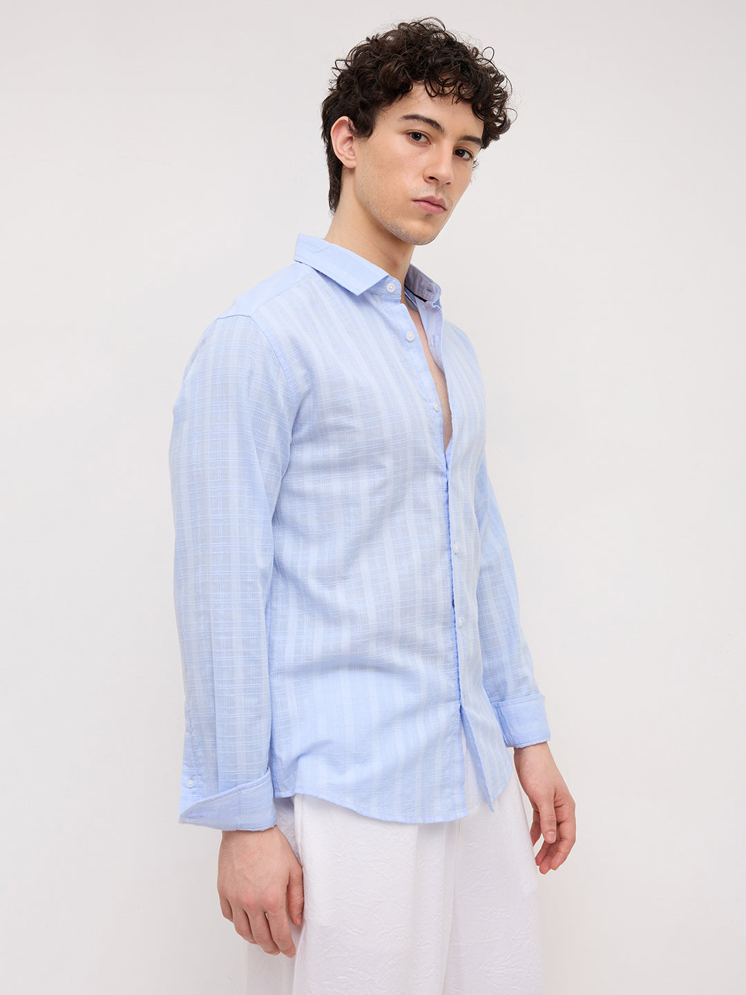 Powder Blue Sheer Windowpane Checks Textured Weave Shirt