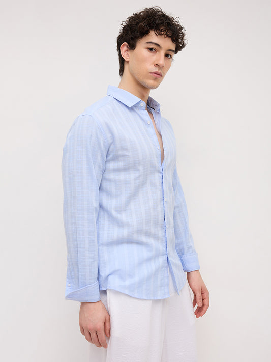 Powder Blue Sheer Windowpane Checks Textured Weave Shirt
