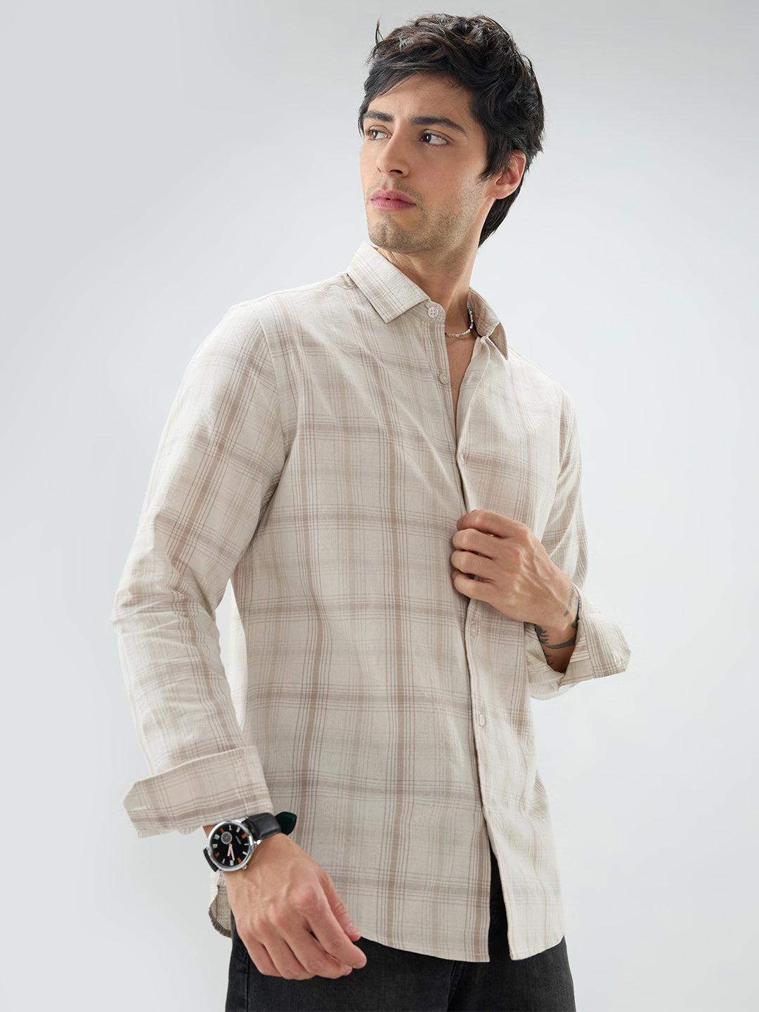 Timeless Sand Beige Plaid Checks Textured Shirt