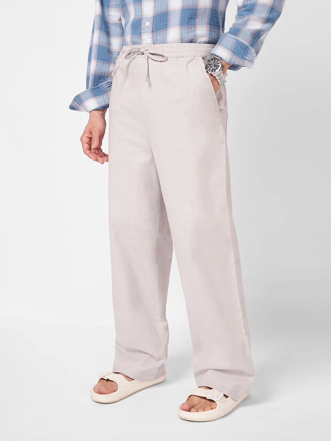 Tea Green Slub Weave Straight Fit Trousers