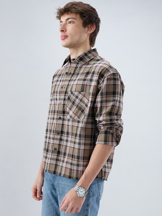 Muted Olive Plaid Checks Boxy Fit Crop Shirt