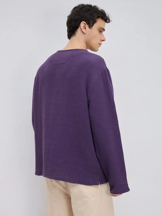 Aubergine Purple Double Cloth Henley Neck Oversized Shirt