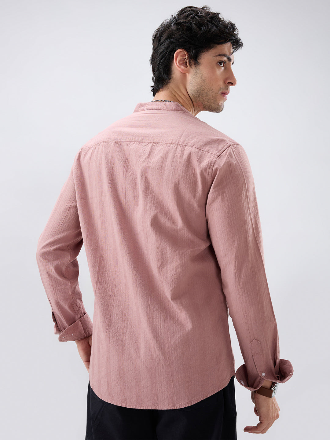 Deep Peach Seersucker Striped Mandarin Shirt
