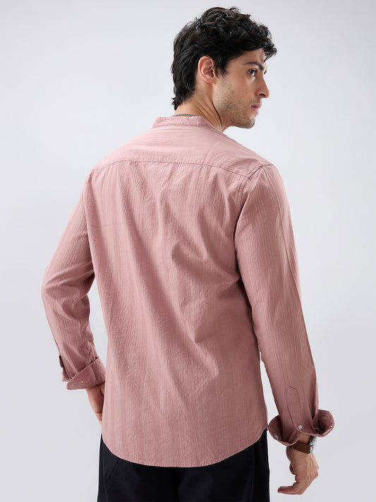 Deep Peach Seersucker Striped Mandarin Shirt