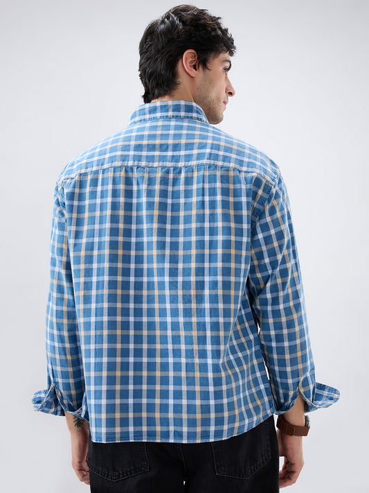 Denim Blue & Beige Comfort Checks Boxy Fit Crop Shirt