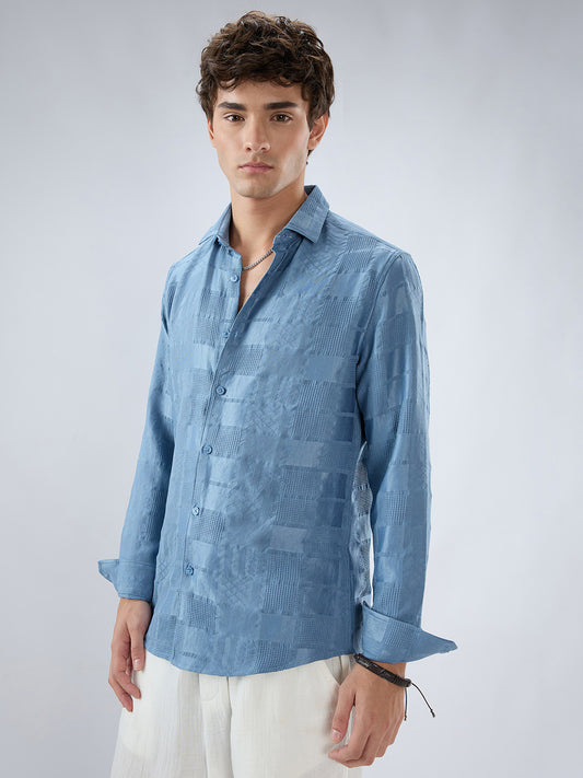 Teal Blue Block Checks Motif Embossed Textured Shirt
