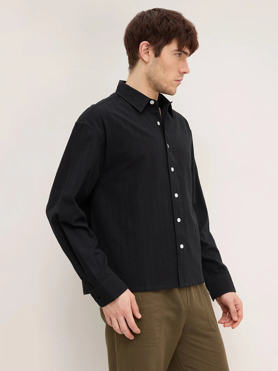 Elegant Black Seersucker Striped Boxy Fit Crop Shirt