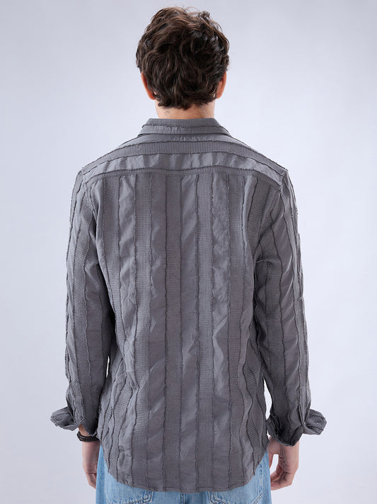 Grey Frayed Panelled Waffle Textured Shirt