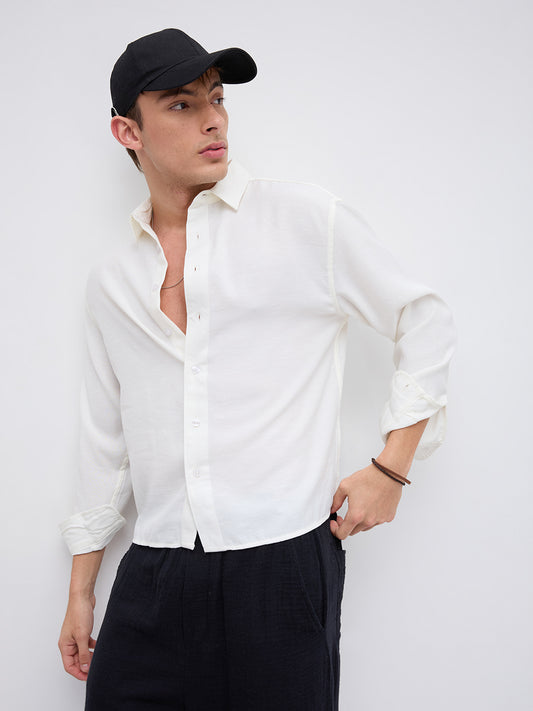 Pearl White Slub Crinkled Boxy Fit Crop Shirt