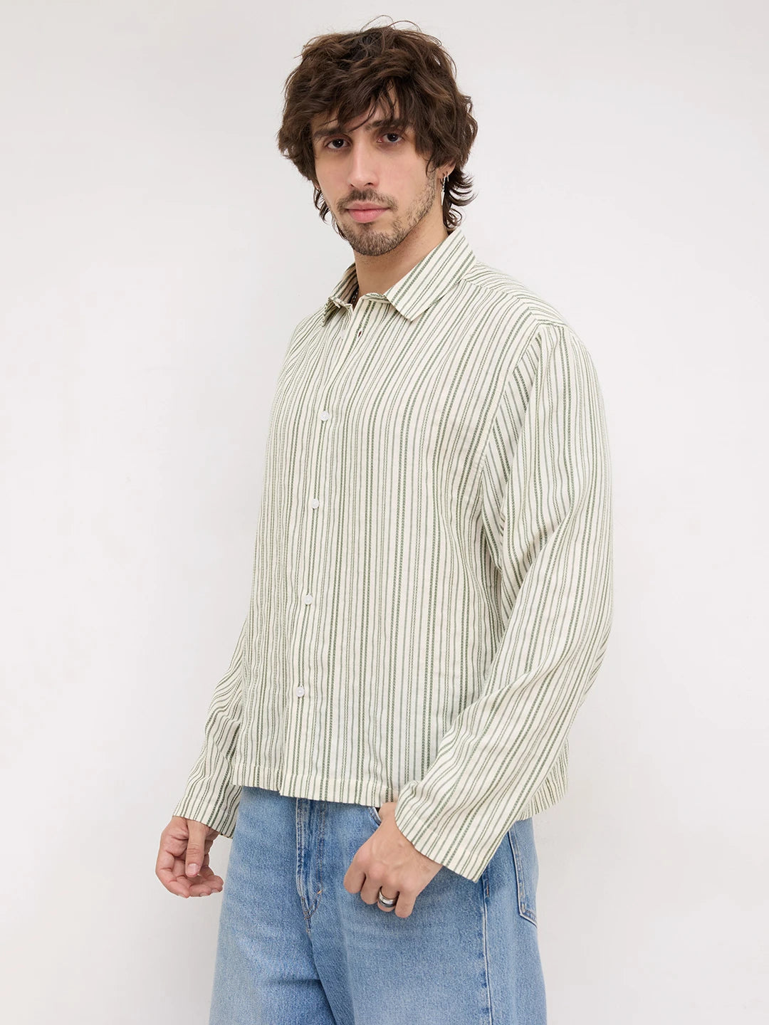 Sage Green Chainstriped Cuffless Oversized Shirt