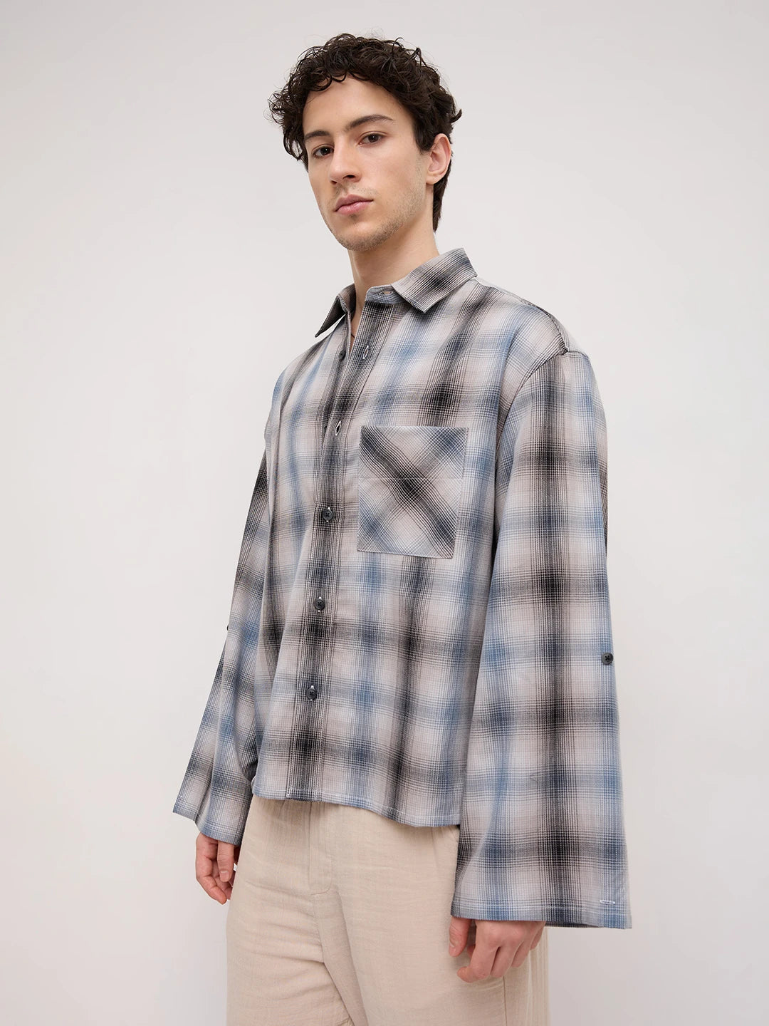 Luxe Grey Shadow Checks Cuffless Oversized Crop Shirt