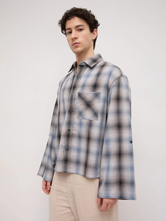 Luxe Grey Shadow Checks Cuffless Oversized Crop Shirt