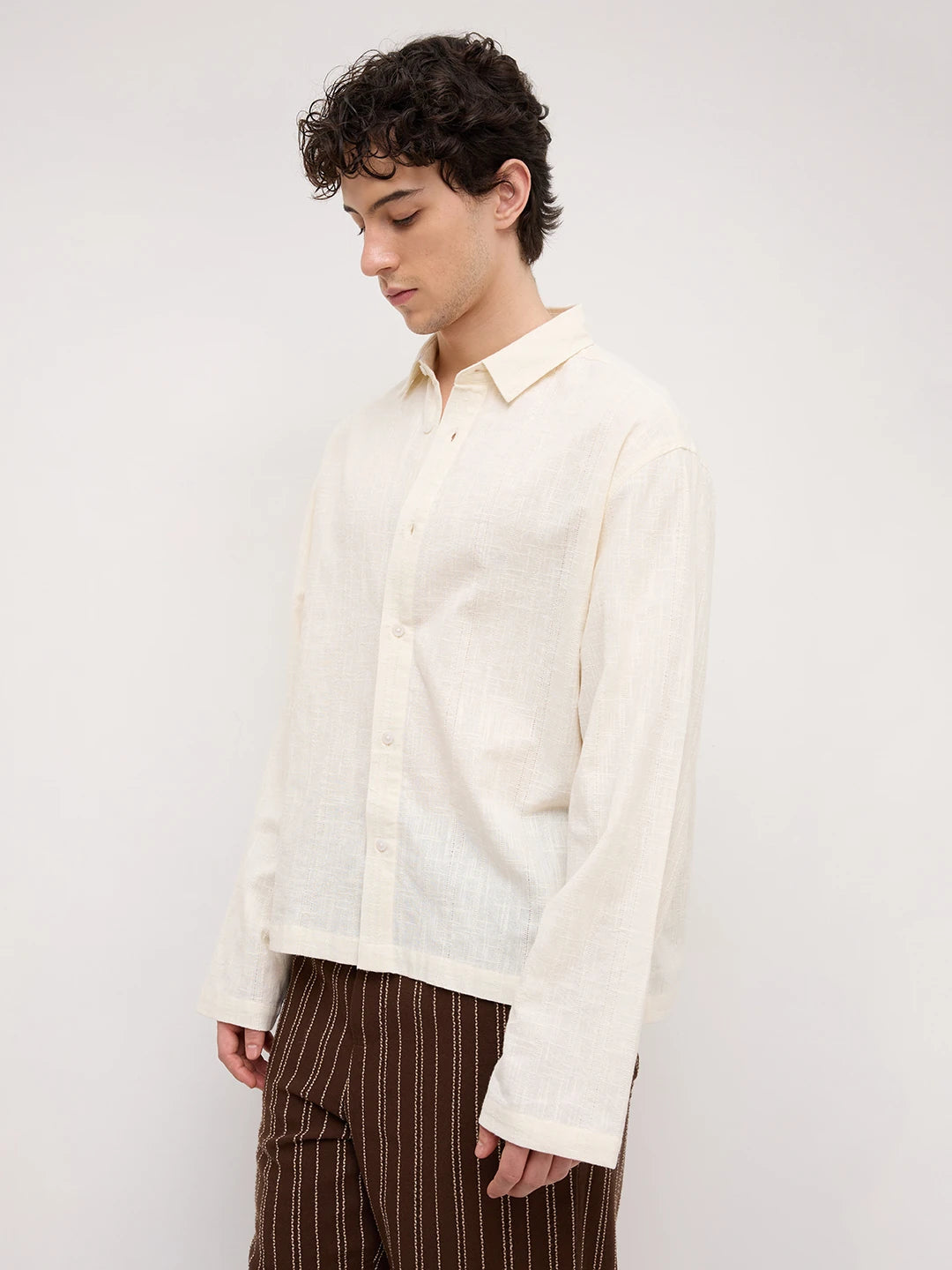 Ivory Sheer Striped Cuffless Oversized Shirt