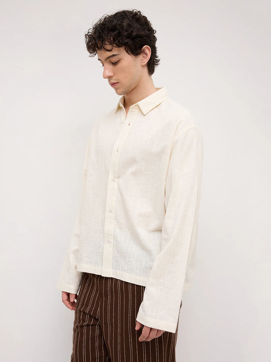 Ivory Sheer Textured Cuffless Oversized Shirt