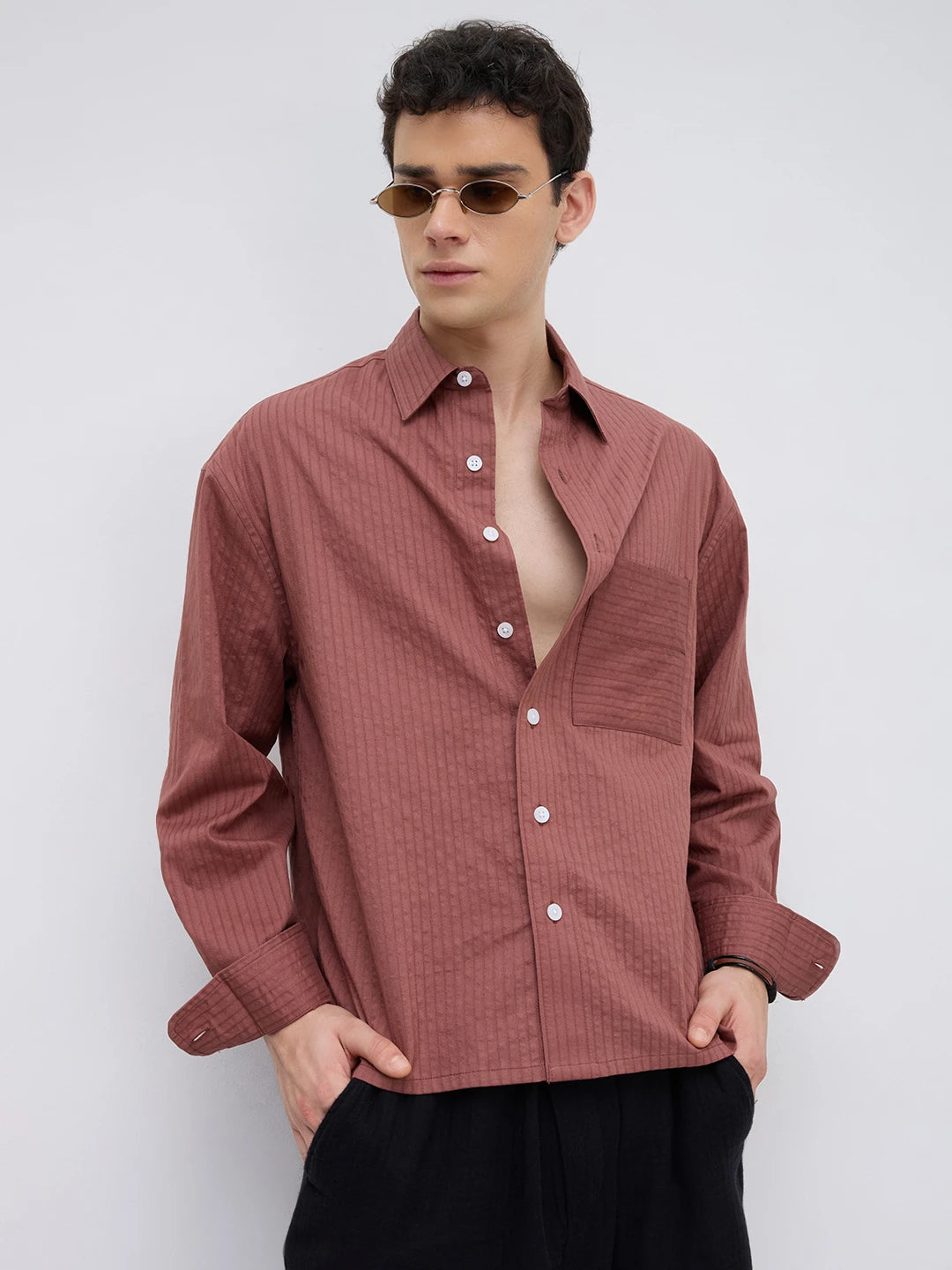 Brick Red Pinstriped Boxy Fit Crop Shirt