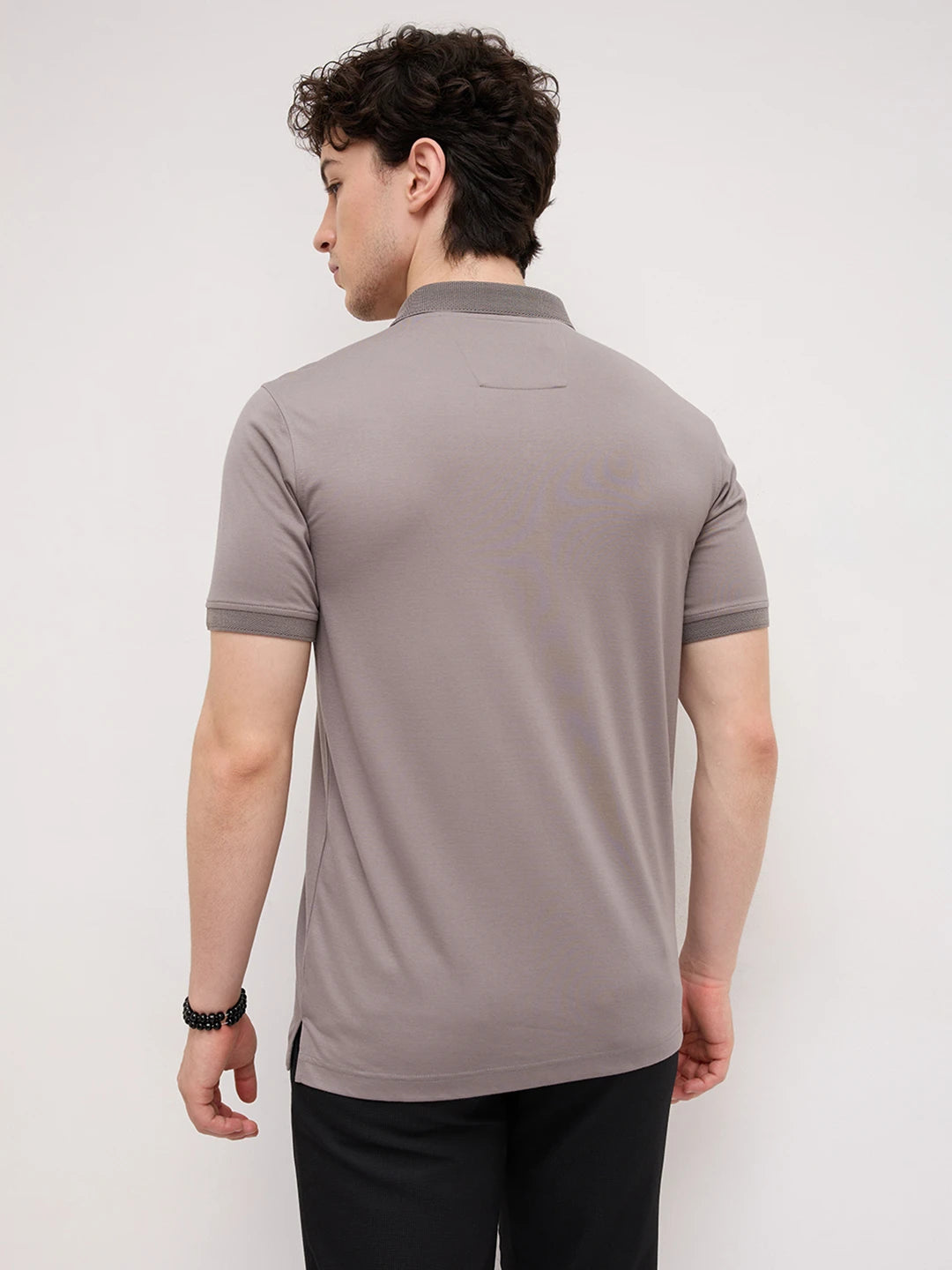Solid Stone Grey Honeycomb Polo Neck Knit T-Shirt