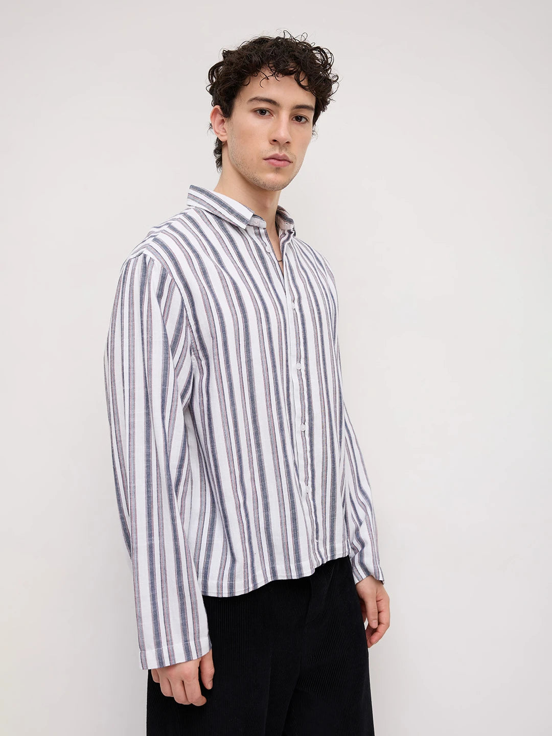 White & Navy Multistriped Cuffless Oversized Shirt